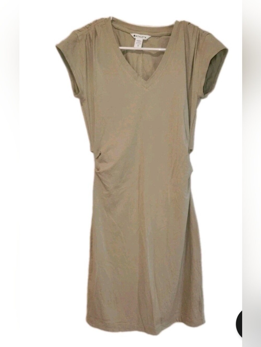 Athleta Effortless V-Neck Ruched Side Cap Sleeve Tee Dress - Tan Beige, Size XS